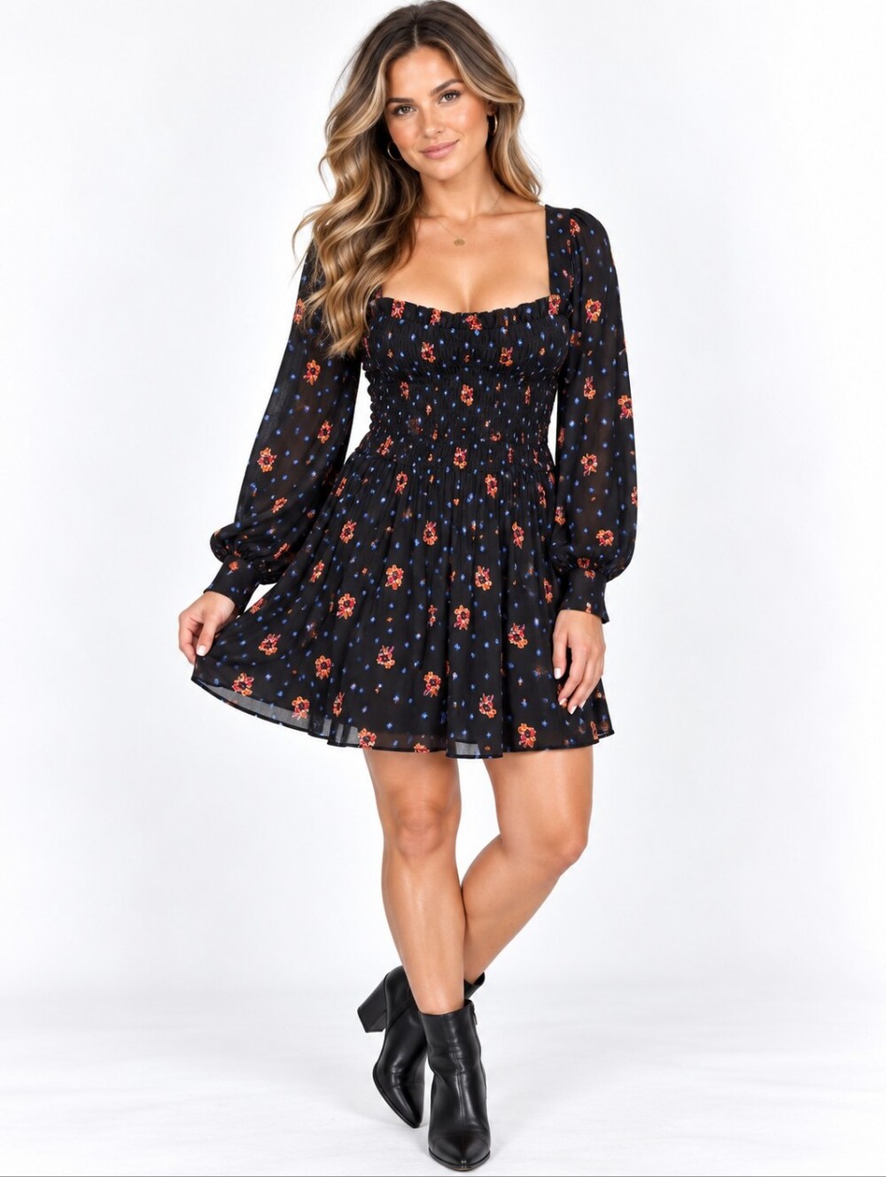 Free People Floral Smocked Mini Dress M Black Deep Square Neck Long Sleeve